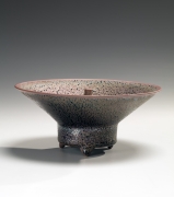 Kamada Kōji (b. 1948), Sparkling purple tenmoku round incense burner with wide outspread mouth, recessed punctuated knobbed cover and tubular, footed base