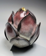 WAKAO KEI (b. 1967), Gray-blue craquelure celadon-glazed lotus-shaped form tipped with gold