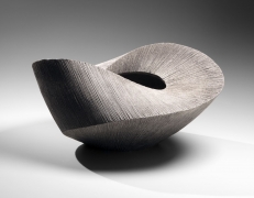 Large twisting, horizontal vessel with banded collar and metal file-impressed surface, 2016