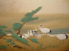 Pair of sleeping screens with shoreline scenes depicting cranes and a small fishing village