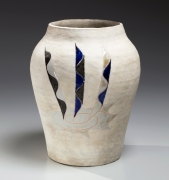 White-glazed vessel with wide mouth and tapering lower body with vertical triple ribbon patterns in overglaze blue, white and black enamel of white, blue and green on front and verso, 1976