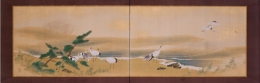 Pair of sleeping screens with shoreline scenes depicting cranes and a small fishing village