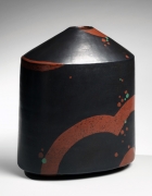 Morino Hiroaki Taimei (b. 1934), Black rounded vase with conical top, red design at base, and red- and green-overglaze dots