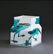 Square vessel with sloped shoulders depicting scenes of ibises, 2017