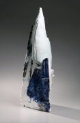 Standing triangular sculpture with sloped, jagged sides, decorated with underglaze blue and blue-white overglaze, 2018