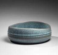 Oval straight-sided pale blue celadon-glazed bowl with irregular rim, 2018