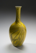 Tall vase with bulbous bottom, long neck, and applied gold foil in a radiating linear pattern, ca. 1980