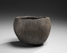 Round teabowl decorated with carved linear patterning in relief, 2016