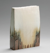 Rectangular flattened standing vessel with slightly slanted sides, covered with thick Tamba-style dripping ash glaze in creamy white, beige and black, 2018