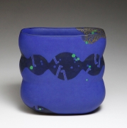 WORK 16-4; Triple lobed, slightly flattened sculptural vase, decorated with a band of circles with key patterning in rich blue over black with dots in green chartreuse, 2016